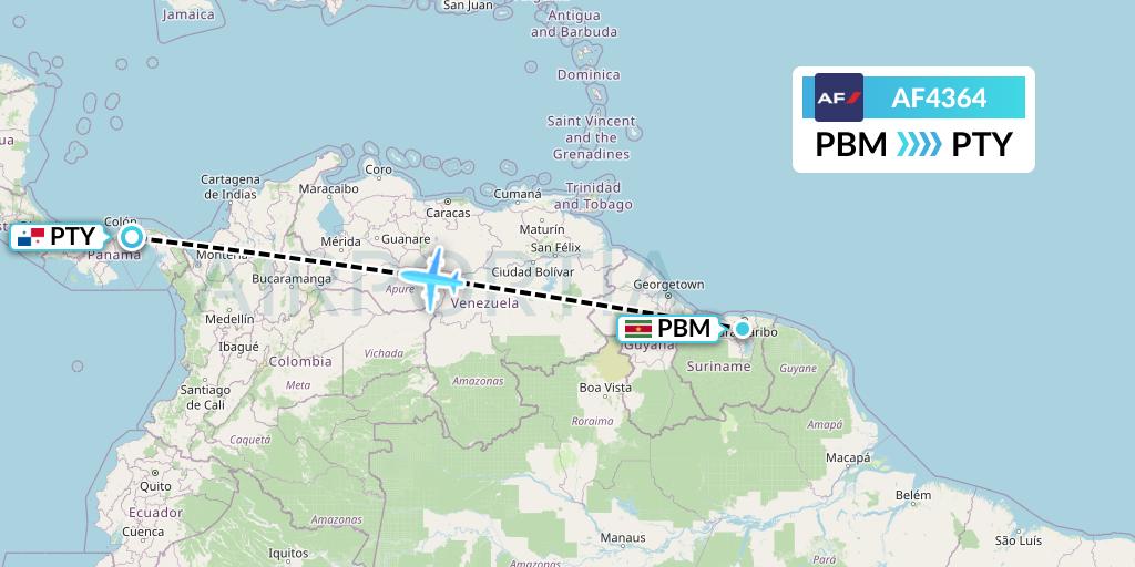 AF4364 Air France Flight Map: Paramaribo to Panama City