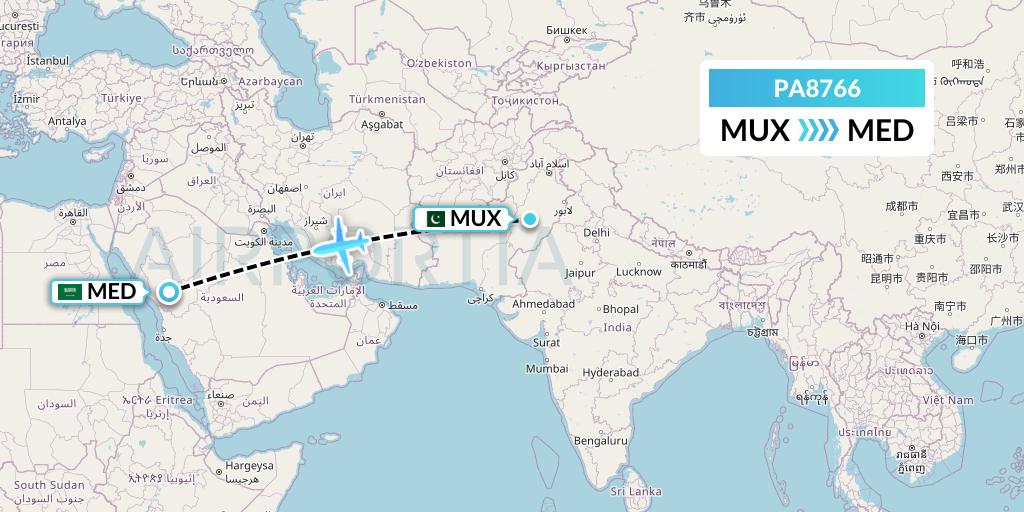 PA8766 AirBlue Flight Map: Multan to Medina