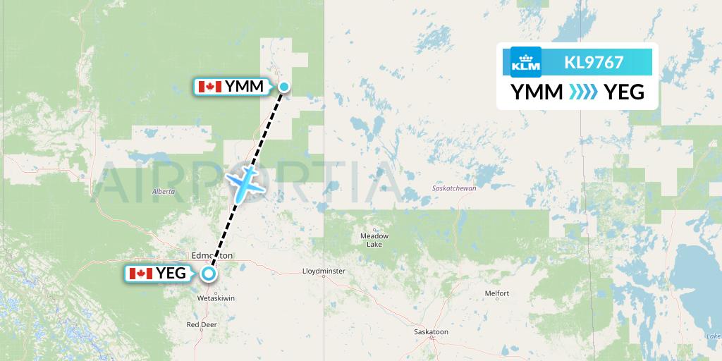 KL9767 KLM Flight Map: Fort McMurray to Edmonton
