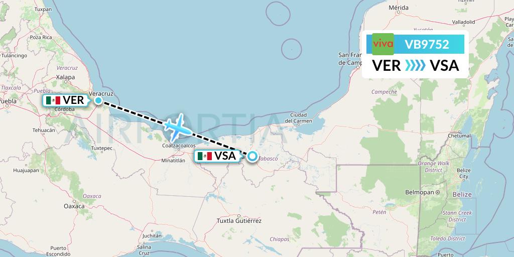 VB9752 VivaAerobus Flight Map: Veracruz to Villahermosa