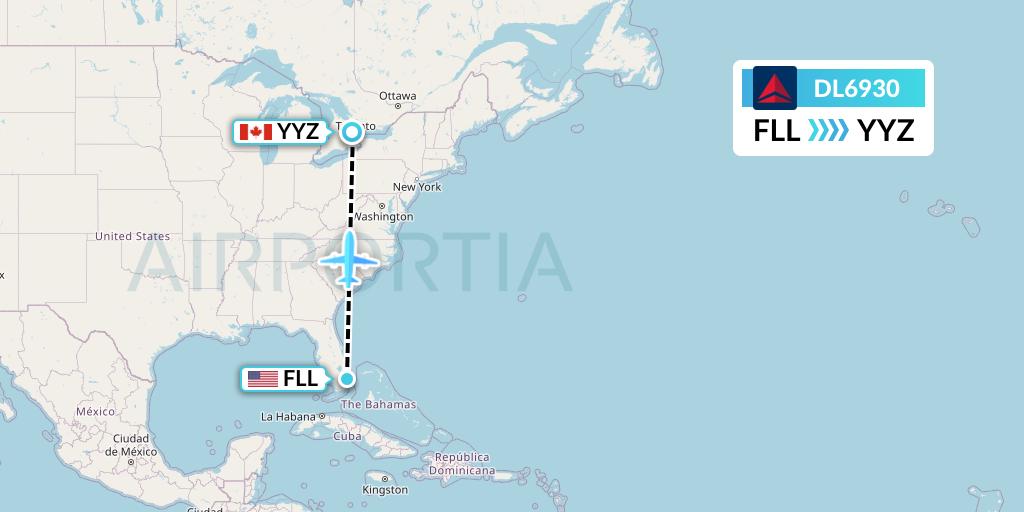 DL6930 Delta Air Lines Flight Map: Fort Lauderdale to Toronto