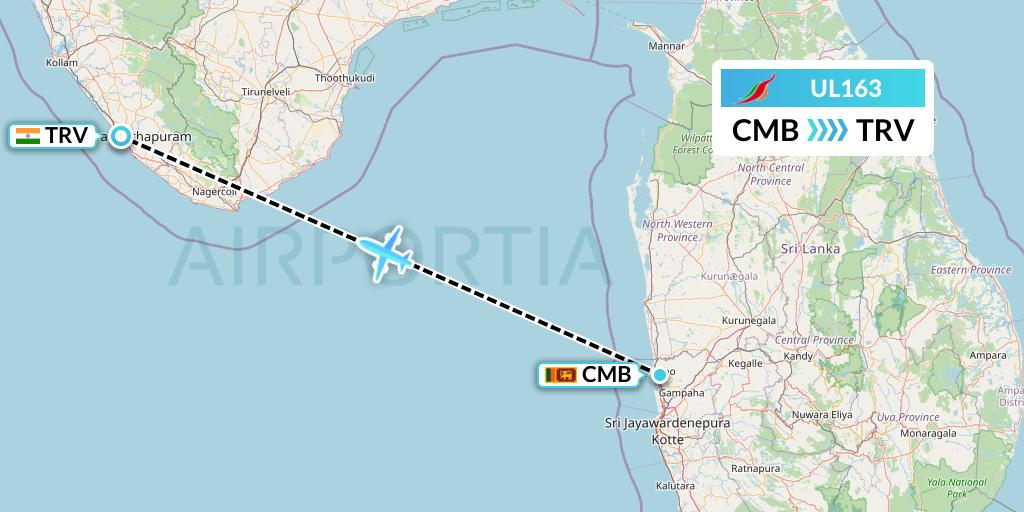 UL163 SriLankan Airlines Flight Map: Colombo to Thiruvananthapuram