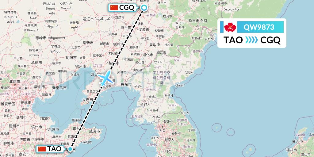 QW9873 Qingdao Airlines Flight Map: Qingdao to Changchun