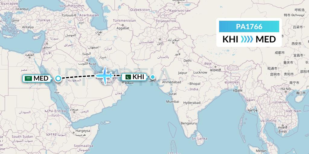 PA1766 AirBlue Flight Map: Karachi to Medina
