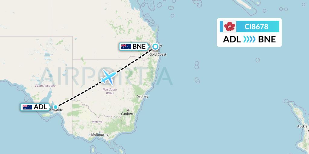CI8678 China Airlines Flight Map: Adelaide to Brisbane