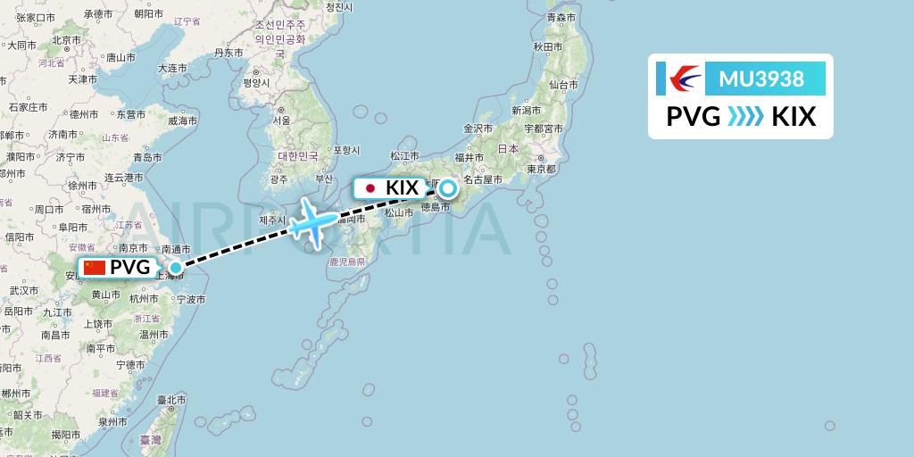 MU3938 China Eastern Airlines Flight Map: Shanghai to Osaka
