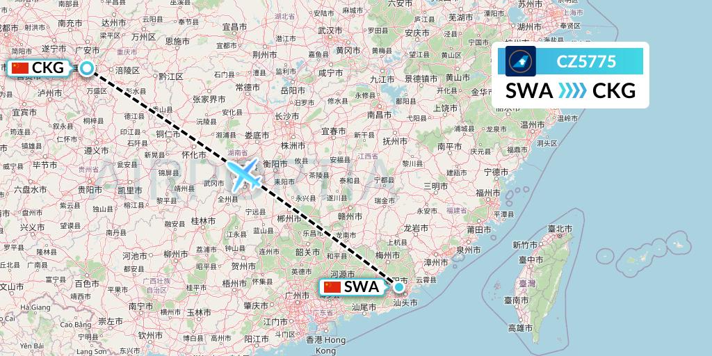 CZ5775 China Southern Airlines Flight Map: Jieyang to Chongqing