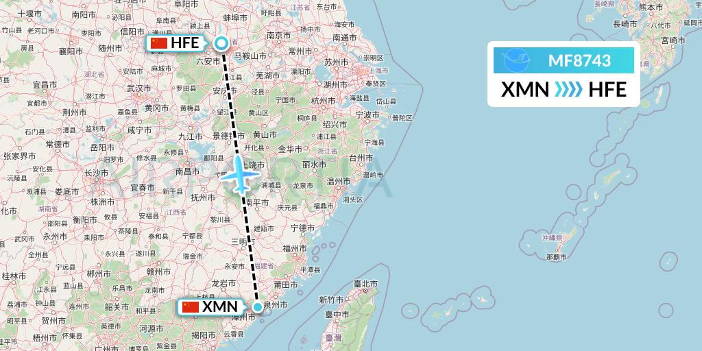 MF8743 Xiamen Airlines Flight Map: Xiamen to Hefei