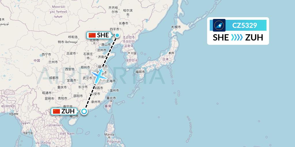 CZ5329 China Southern Airlines Flight Map: Shenyang to Zhuhai