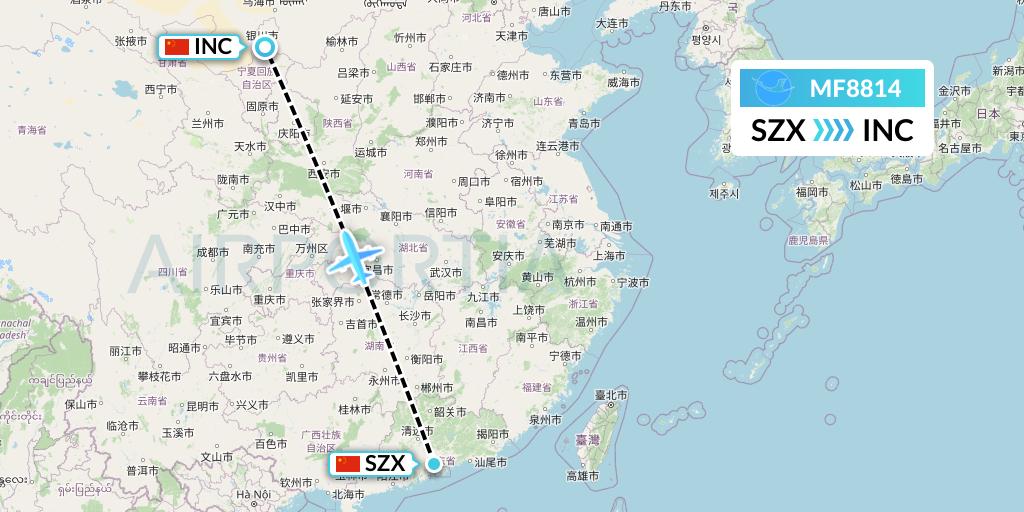 MF8814 Xiamen Airlines Flight Map: Shenzhen to Yinchuan