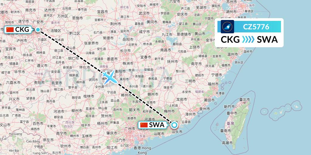 CZ5776 China Southern Airlines Flight Map: Chongqing to Jieyang