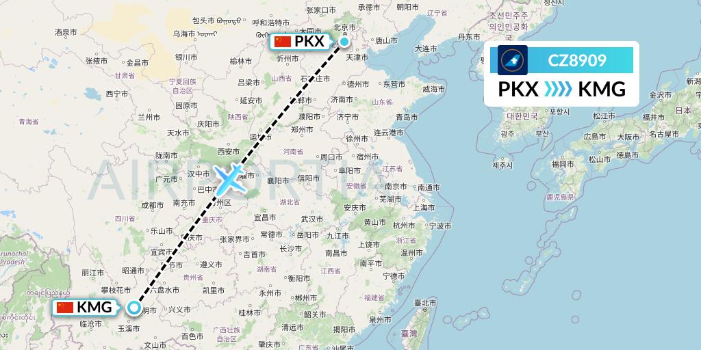 CZ8909 China Southern Airlines Flight Map: Beijing to Kunming