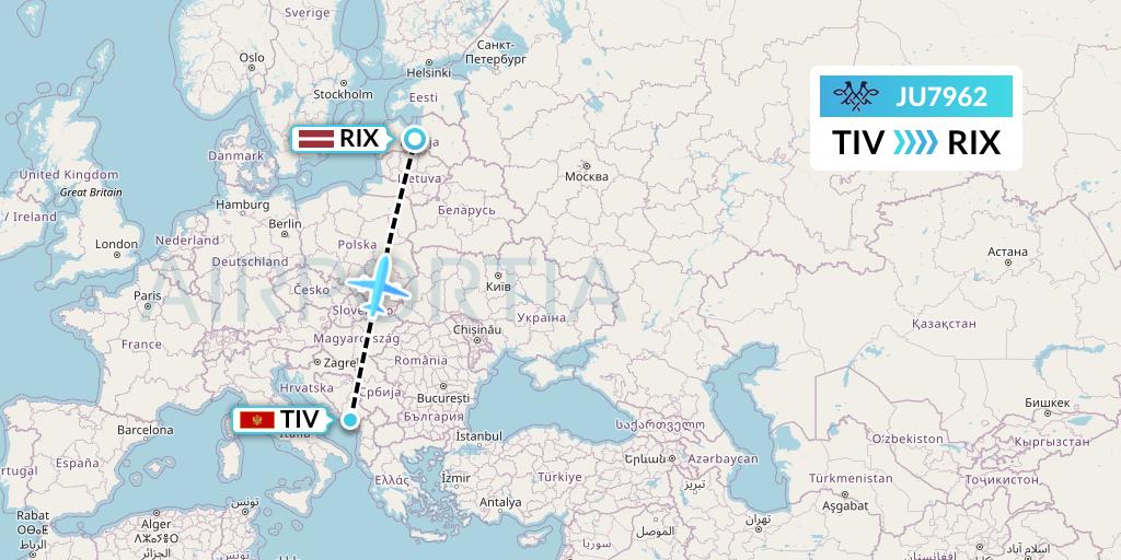 JU7962 AirSERBIA Flight Map: Tivat to Riga