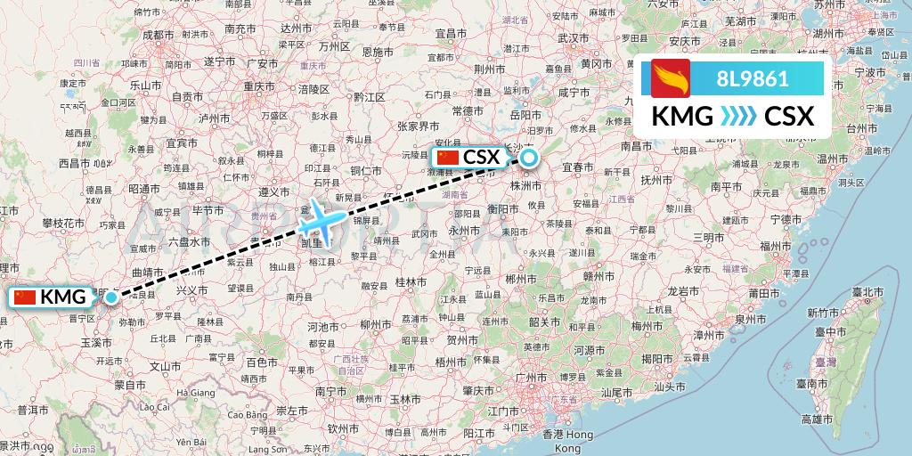 8L9861 Lucky Air Flight Map: Kunming to Changsha