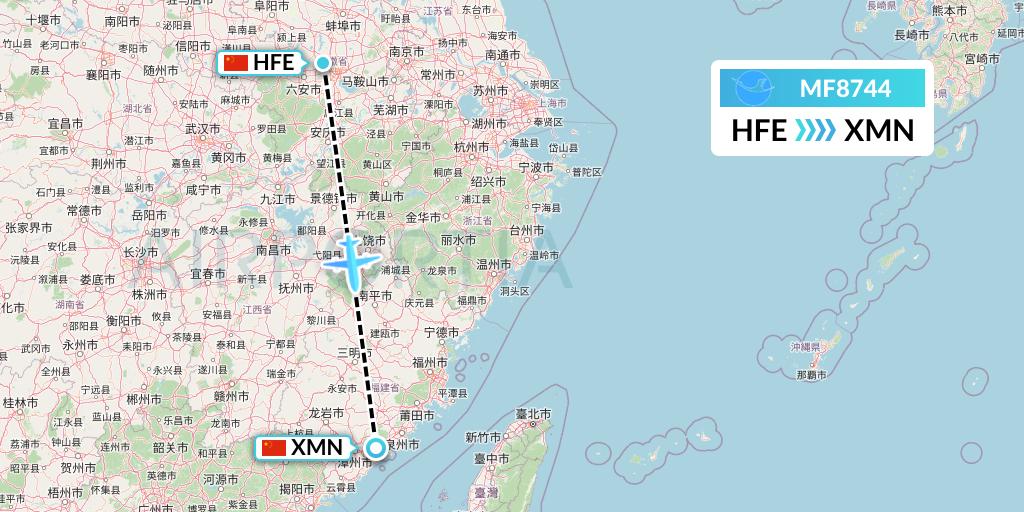 MF8744 Xiamen Airlines Flight Map: Hefei to Xiamen
