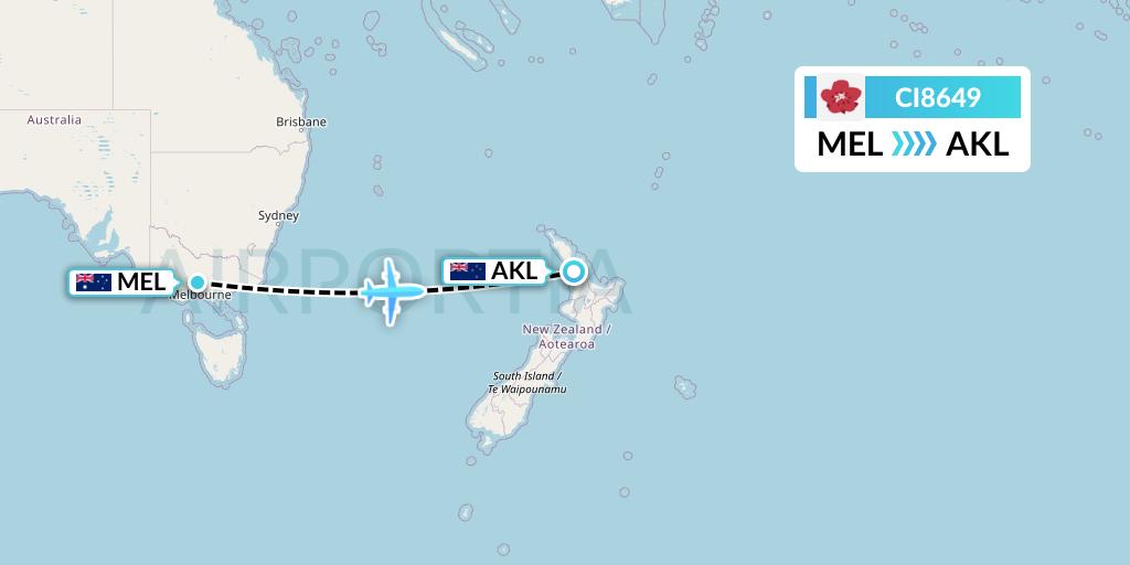 CI8649 China Airlines Flight Map: Melbourne to Auckland