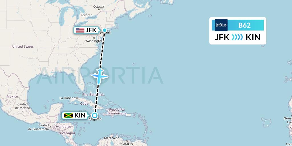 B62 JetBlue Airways Flight Map: New York to Kingston