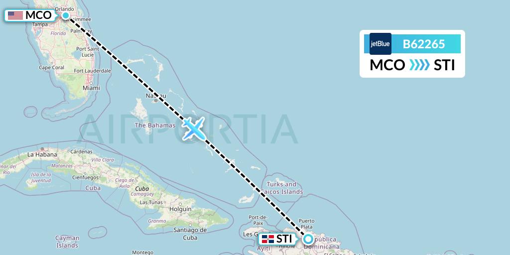 B62265 JetBlue Airways Flight Map: Orlando to Santiago de los Caballeros