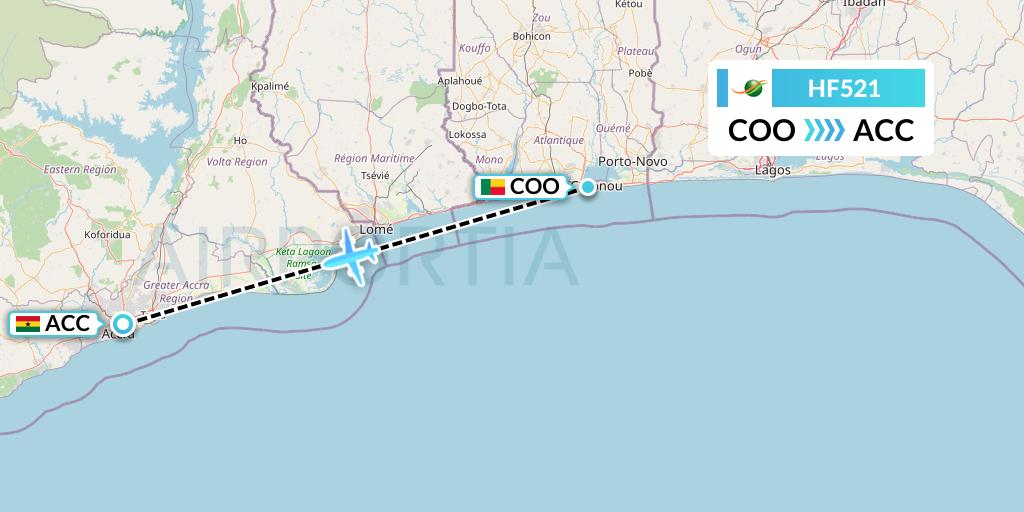 HF521 Air Cote d'Ivoire Flight Map: Cotonou to Accra