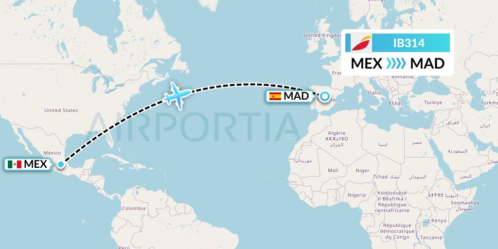 IB314 Iberia Flight Map: Mexico City to Madrid
