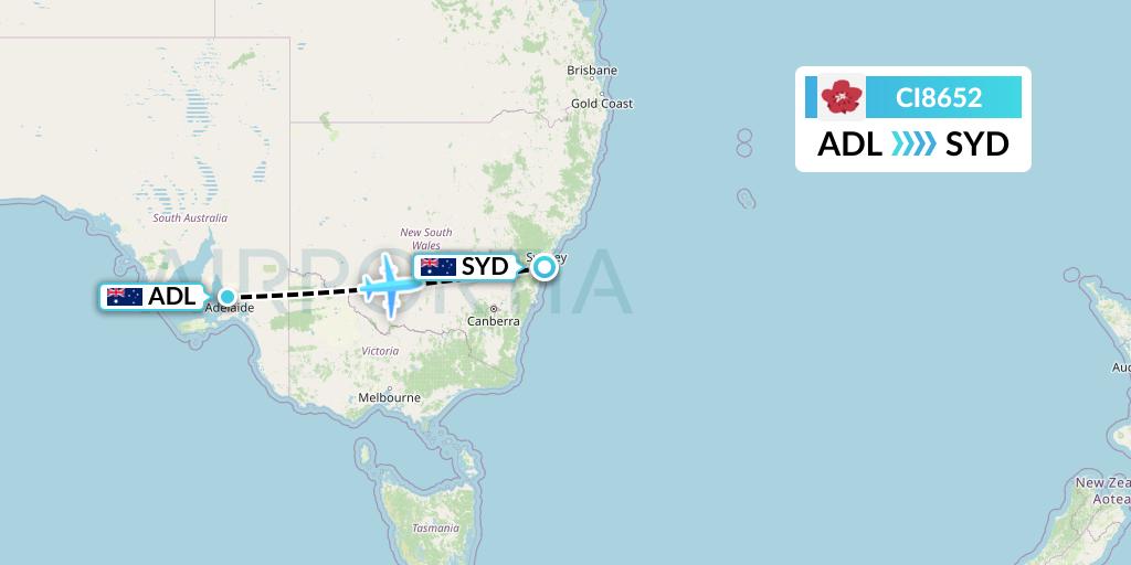 CI8652 China Airlines Flight Map: Adelaide to Sydney