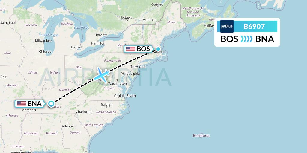 B6907 JetBlue Airways Flight Map: Boston to Nashville