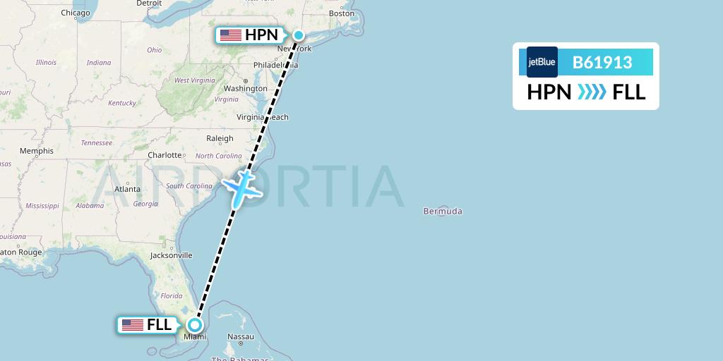 B61913 JetBlue Airways Flight Map: White Plains to Fort Lauderdale