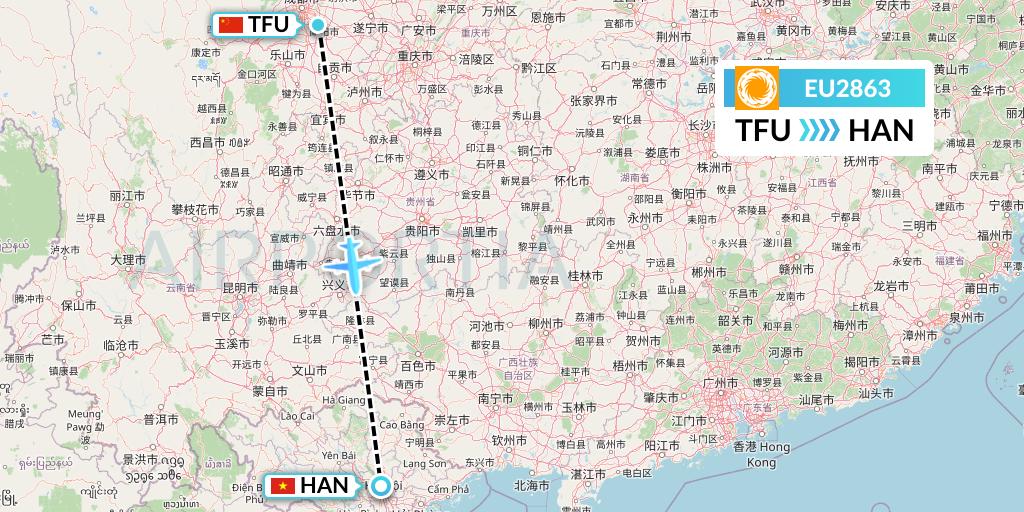 EU2863 Chengdu Airlines Flight Map: Chengdu to Hanoi