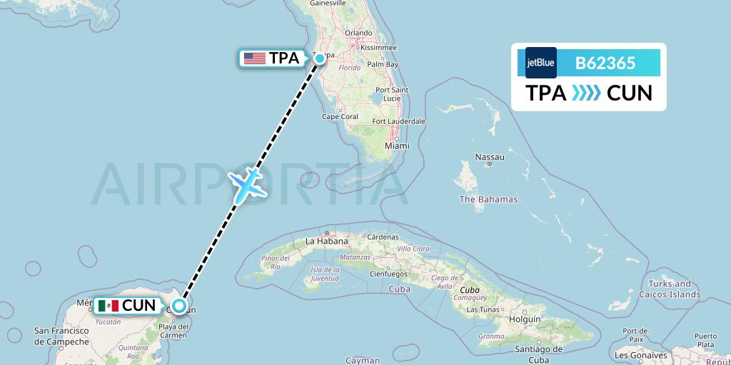 B62365 JetBlue Airways Flight Map: Tampa to Cancun