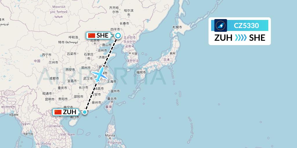 CZ5330 China Southern Airlines Flight Map: Zhuhai to Shenyang