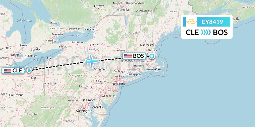 EY8419 Etihad Airways Flight Map: Cleveland to Boston