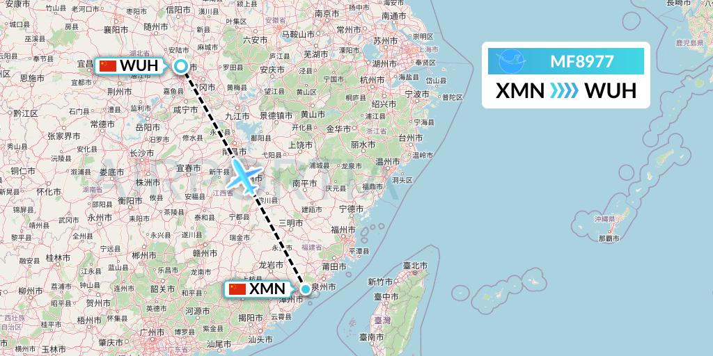 MF8977 Xiamen Airlines Flight Map: Xiamen to Wuhan