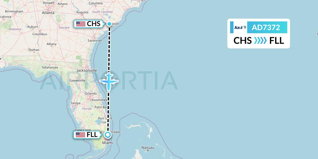 AD7372 Azul Brazilian Airlines Flight Map: Charleston to Fort Lauderdale