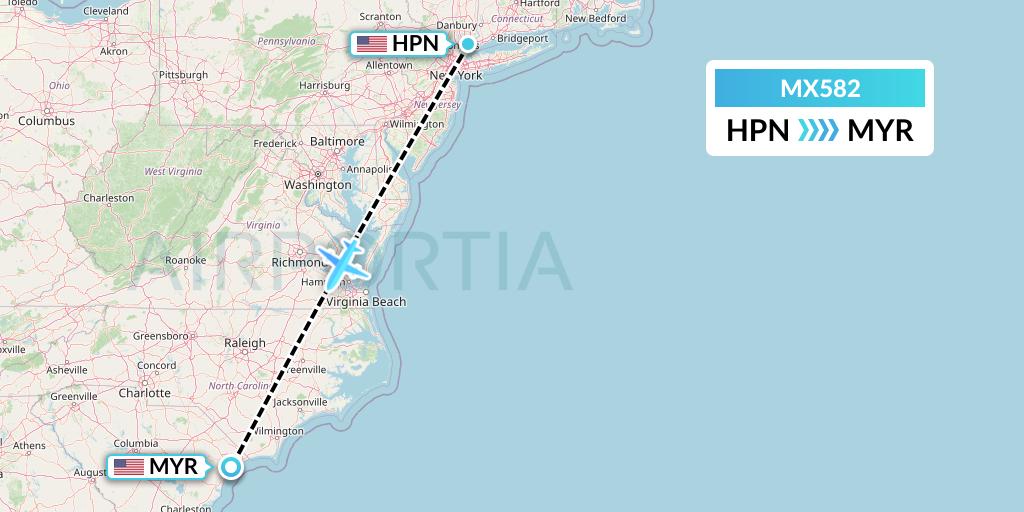 MX582 Breeze Airways Flight Map: White Plains to Myrtle Beach