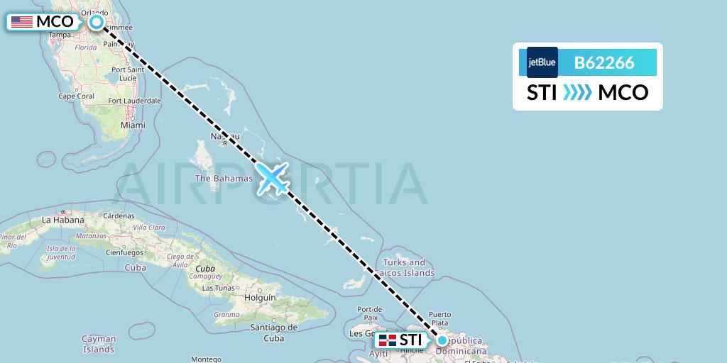 B62266 JetBlue Airways Flight Map: Santiago de los Caballeros to Orlando