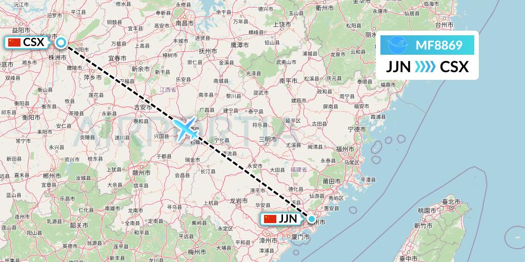 MF8869 Xiamen Airlines Flight Map: Jinjiang to Changsha