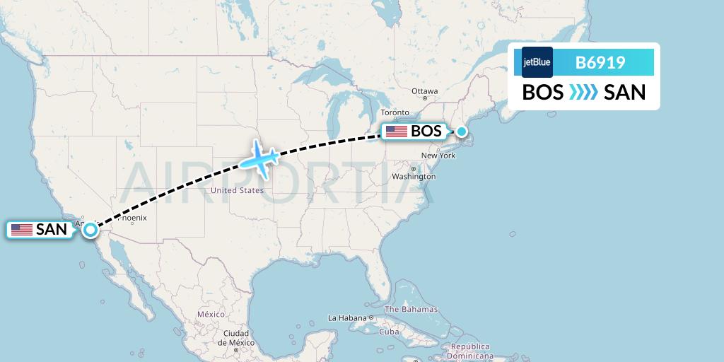 B6919 JetBlue Airways Flight Map: Boston to San Diego