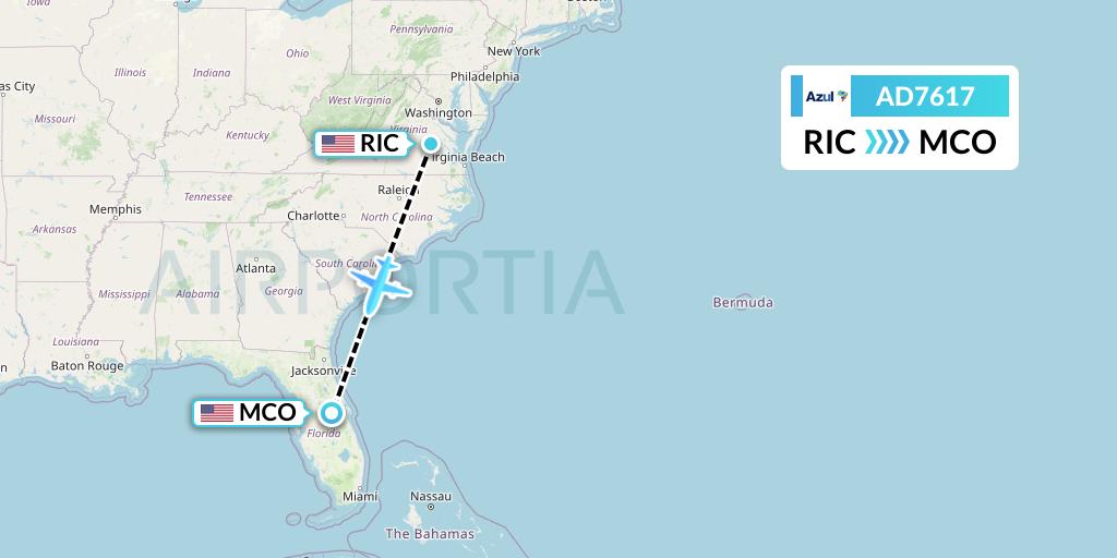 AD7617 Azul Brazilian Airlines Flight Map: Richmond to Orlando