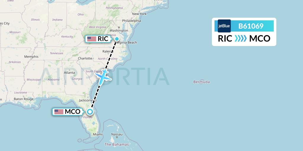 B61069 JetBlue Airways Flight Map: Richmond to Orlando