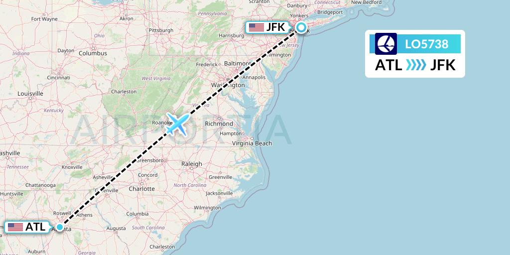 LO5738 LOT Flight Map: Atlanta to New York