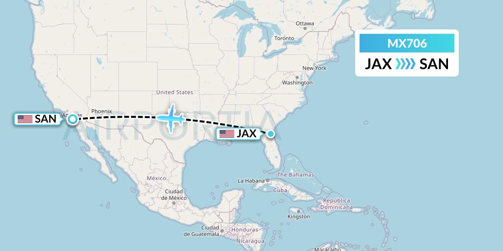 MX706 Breeze Airways Flight Map: Jacksonville to San Diego