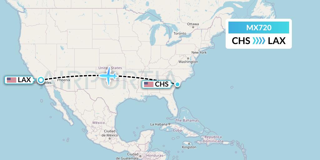 MX720 Breeze Airways Flight Map: Charleston to Los Angeles
