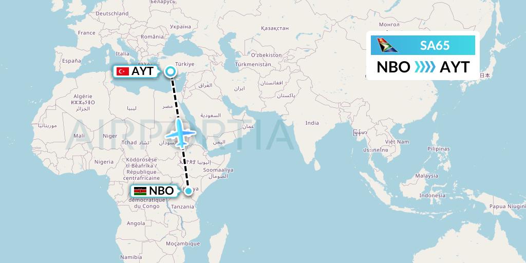 SA65 South African Airways Flight Map: Nairobi to Antalya