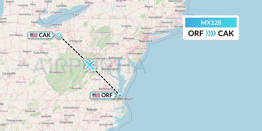 MX128 Breeze Airways Flight Map: Norfolk to Akron
