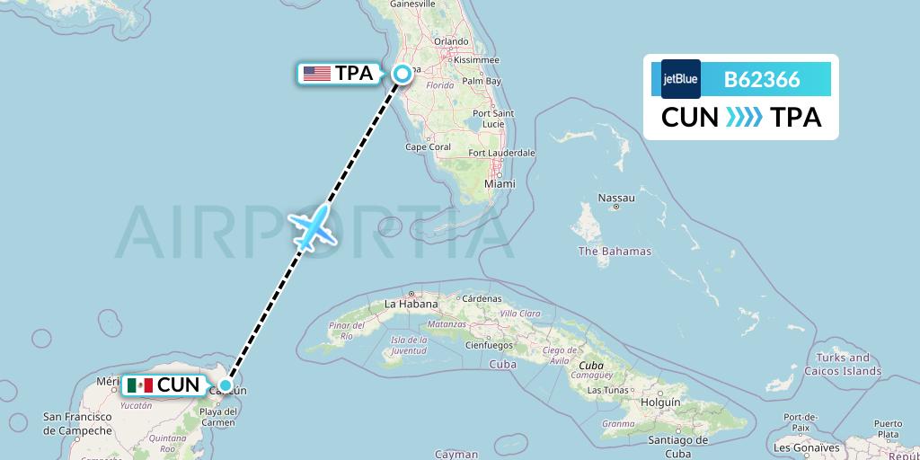 B62366 JetBlue Airways Flight Map: Cancun to Tampa