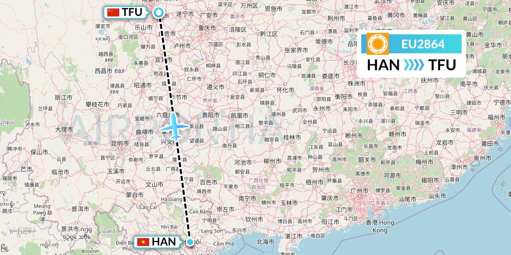 EU2864 Chengdu Airlines Flight Map: Hanoi to Chengdu