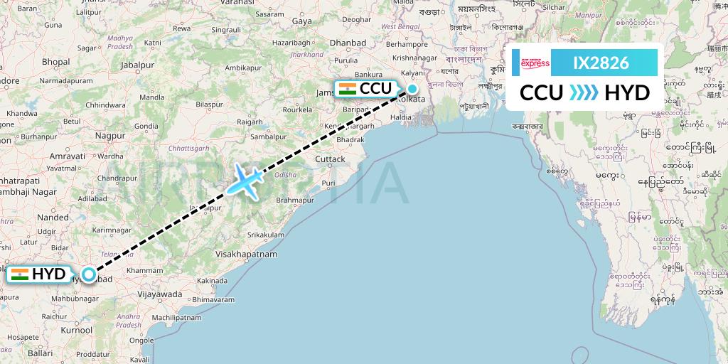 IX2826 Air India Express Flight Map: Kolkata to Hyderabad