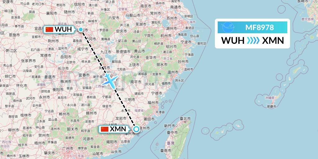 MF8978 Xiamen Airlines Flight Map: Wuhan to Xiamen