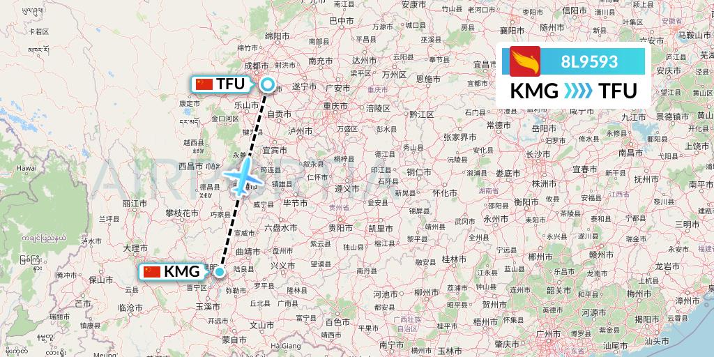 8L9593 Lucky Air Flight Map: Kunming to Chengdu