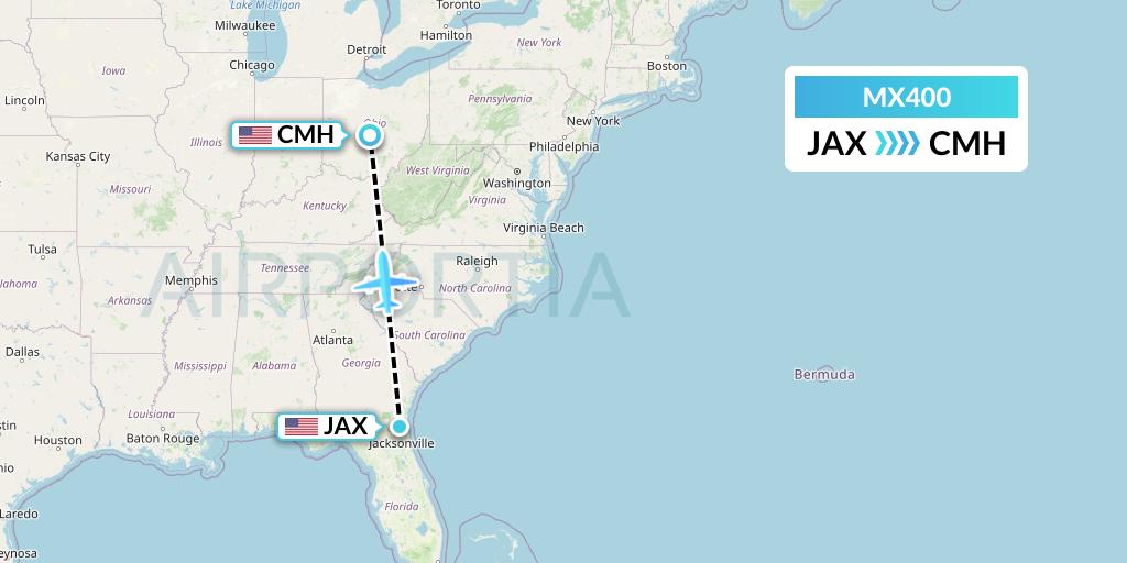 MX400 Breeze Airways Flight Map: Jacksonville to Columbus